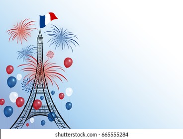 Vector 14 july bastille day design of eiffel with firework and balloon