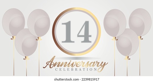 Vector 14th year anniversary celebration background. gray and gold color numbers and text with balloons.

