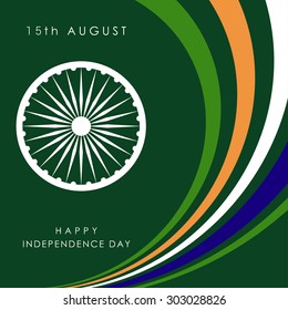 Vector 15 August. Indian Independence Day concept background with Ashoka wheel. Abstract Orange, green blue and white lines design elements - Celebration Card vector Illustration