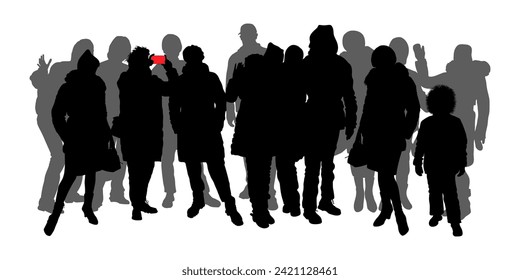 Vector 15 siluetas de largo de personas de diferentes géneros y edades. Un grupo de personas en invierno con ropa de abrigo. La chica se mueve la mano, el grupo turístico se queda en dos filas.