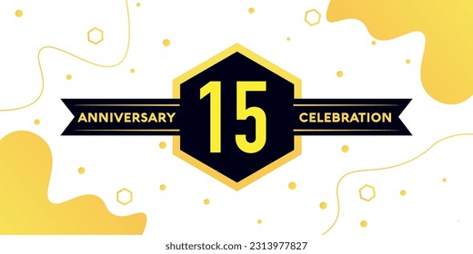 Vector 15 years anniversary logo vector design with yellow geometric shape with black on white background