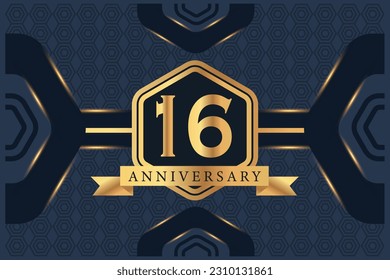 Vector 16 year anniversary celebration logo vector design with black elegant color on blue background