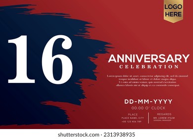 Vector 16 years anniversary with blue brush isolated on red background vector design