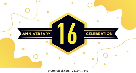 Vector 16 years anniversary logo vector design with yellow geometric shape with black on white background