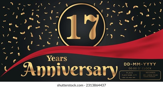 Vector 17th years anniversary celebration on dark background with golden numbers and confetti design