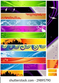 Vector 18 Banners multi themes and colors 468x60 120x600 88x31. Colorful decorative designs include city, curves, foliage, guitar, music and more.