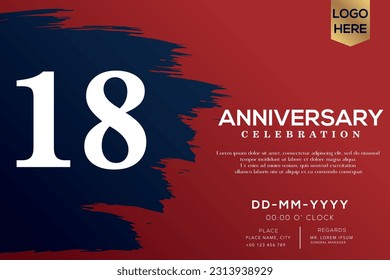 Vector 18 años aniversario con cepillo azul aislado en el diseño de vectores de fondo rojo