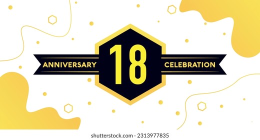 Vector 18 years anniversary logo vector design with yellow geometric shape with black on white background