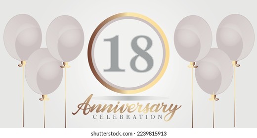 Vector 18th year anniversary celebration background. gray and gold color numbers and text with balloons.

