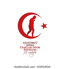 Vetor 19 mayis Ataturk'u Anma, Genclik ve Spor Bayram? z, tradução: 19 Maio Comemoração de Ataturk, Dia da Juventude e Desporto, design gráfico para o feriado turco, logotipo das crianças.