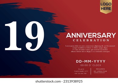 Vector 19 years anniversary with blue brush isolated on red background vector design