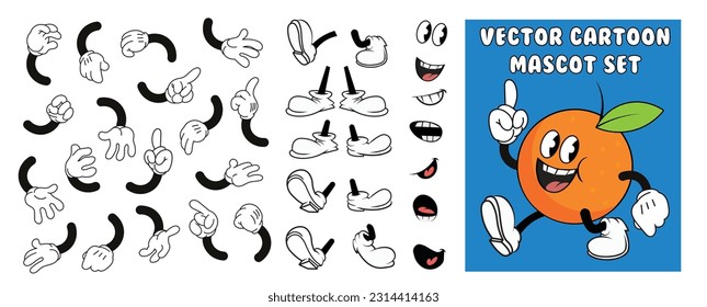 conjunto de mascotas de dibujos animados de estilo vintage del vector 1930: manos, piernas y caras