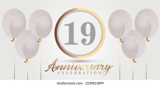 Vector 19th year anniversary celebration background. gray and gold color numbers and text with balloons.

