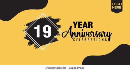 Vector 19th years anniversary celebration design with black brush and yellow color vector design