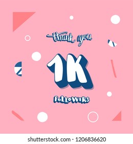 Vector 1k followers social media template. Banner for internet networks with creative handwritten lettering.  1000 subscribers thank you post illustration with geometric and abstract decoration. 
