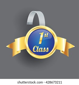 Vector 1st class blue label and badge gold border wobbler with Transparent Strip Isolated on a grey Background