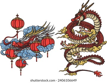 vectores 2 dragones chinos para 2024 usualmente usados para iconos, fondos de pantalla, decoraciones, elementos, banners