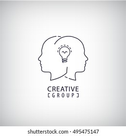 Vector 2 heads with lamp bulb line icon isolated. Creative mind, team work, thoughts exchange logo. 