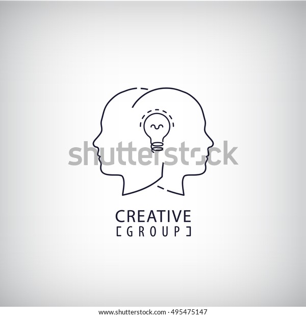 Vector 2 heads with lamp\
bulb line icon isolated. Creative mind, team work, thoughts\
exchange logo. 