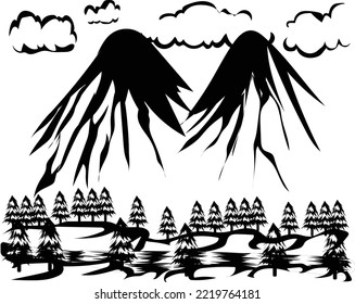 vector 2 icebergs silhouette with river and trees around it