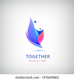 Vector 2 person logo. Love, support, two people together icon, concept. Hug and embrace, close friends together, child adoption, support, parent, mother, father