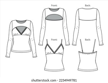 Vector 2 pieces set fashion CAD, long sleeved woman crop bolero and tank top with lace trim technical drawing, sketch, template, flat. Jersey or woven fabric blouse with front, back view, white color