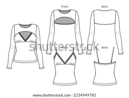 Vector 2 pieces set fashion CAD, long sleeved woman crop bolero and tank top with lace trim technical drawing, sketch, template, flat. Jersey or woven fabric blouse with front, back view, white color Imagine de stoc © 
