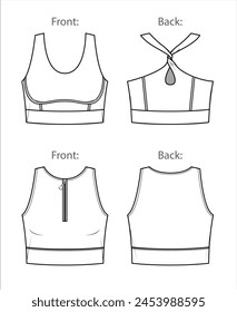 Vector 2 pieces sport bra fashion CAD, woman lounge or yoga crop top technical drawing, fitness 2 pieces set fashion flat with zipper detail, sketch, template, front and back view in white color