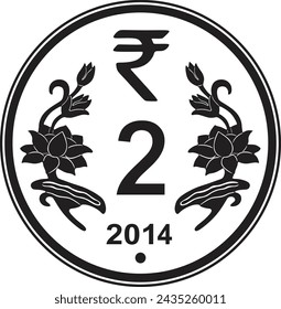 vector 2 rupee coin Indian money handmade silhouette black and white