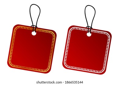 Vector 2 Square Vector Red Gradient Tag, White and Golden China Style Border With Black Rope, Isolated on White
