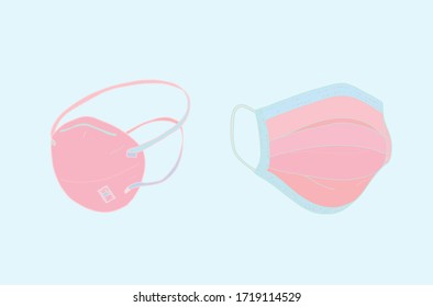 Vector with 2 types of masks against COVID-19, Coronavirus. Safety breathing masks. Industrial safety N95 mask. Fill in random pink pastel color