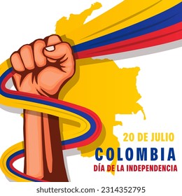 vector 20 de julio illustration with hand holding colombian flag