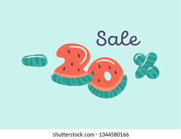 Vector 20 percent discount sale banner for children goods, services and travel souvenirs. Cute watermelon number carved from slices of watermelon with seeds. From watermelon summer font.