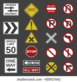 Vector 20 road signs collection. "Stop", "No parking", "One Way","All way", "Speed limit", "Do not enter", "Not Allowed", "Divided Highway", "Railroad Crossing" and other signs for your projects.