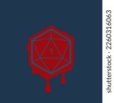 Vector 20 sided dice with a drop of blood. Board Games. Blue background.
