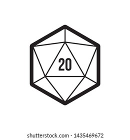Vector 20 sided game dice multi sides. 20d dice black line art icon. Isolated on white background.