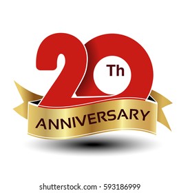 Vector 20 years anniversary, red number with golden ribbon