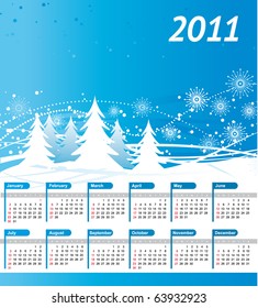 Vector 2011 Calendar with christamas trees, waves and snowflakes