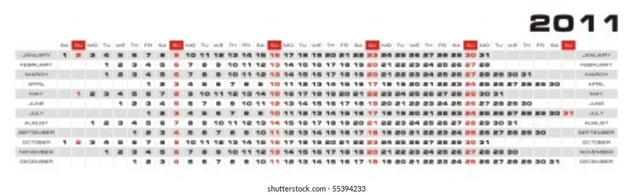 Vector 2011 year calendar. Month in a row, weekdays aligned vertically
