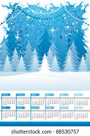 Vector 2012 calendar with blue winter background. christmas trees and snow border