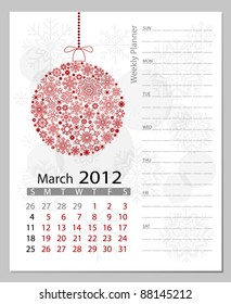 Vector 2012 calendar, March. All elements are layered separately in vector file. Easy editable.