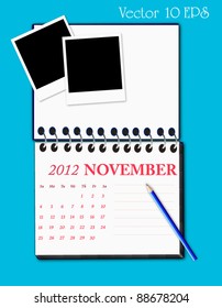 Vector of 2012 calendar notepad style on light blue background.