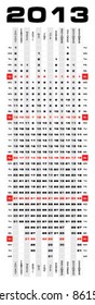 Vector 2013 year calendar. Month in column, weekdays aligned horizontally
