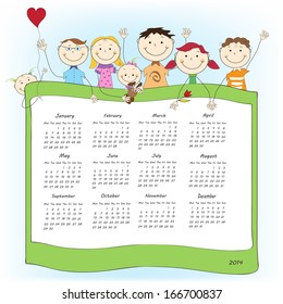 Vector 2014 Calendar Background with Happy Funny Cute Waving Kids