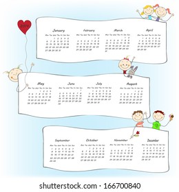 Vector 2014 Calendar Background with Happy Funny Cute Waving Kids