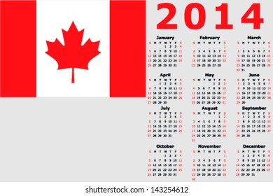 Vector 2014 Calendar with the flag of Canada