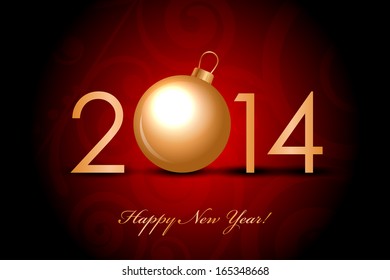 Vector 2014 Happy New Year red  background with gold christmas bauble