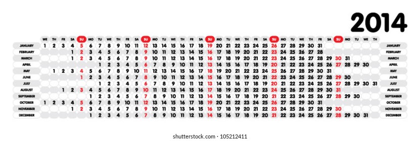 Vector 2014 year calendar. Month in a row, weekdays aligned vertically, rounded cells, rounded letters