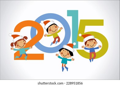 Vector 2015 Feliz Año Nuevo. Niños y números de dibujos animados.