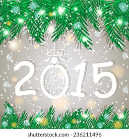 Vector 2015  Happy New Year background with clock and fir branches.